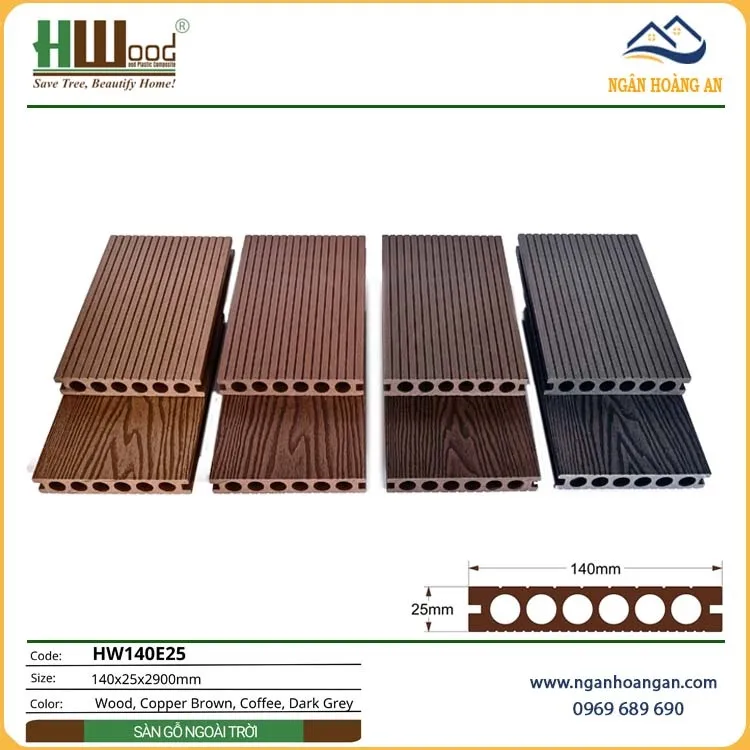 Sàn Sân Vườn Gỗ Nhựa Ngoài Trời Lỗ Tròn Hwood HW140E25 Dark Grey